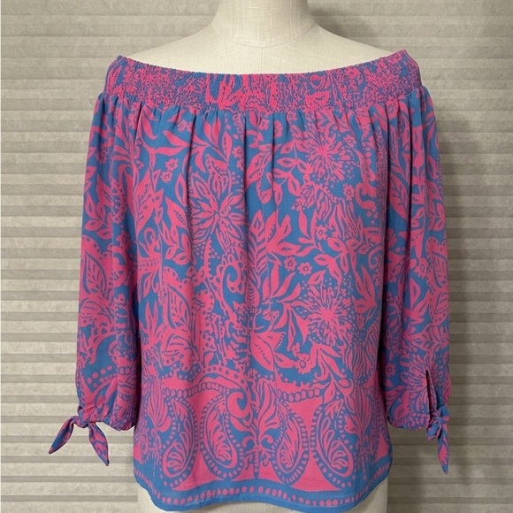 Lilly Pulitzer Tops - Lilly Pulitzer Pink and Teal Abstract Print off the shoulder blouse size large